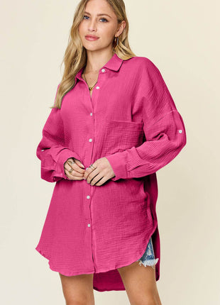 Double Take Full Size Pocketed Texture Button Up Shirt - MimiStylez