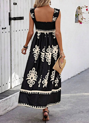 Smocked Printed Wide Strap Maxi Dress - MimiStylez
