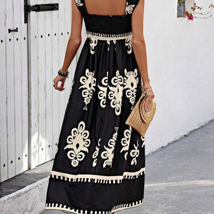 Smocked Printed Wide Strap Maxi Dress - MimiStylez
