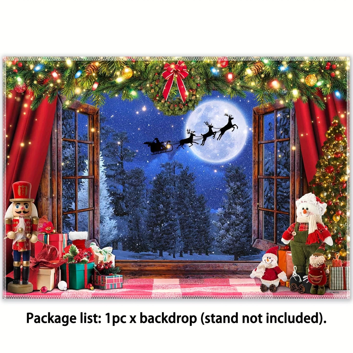 1pc, 7x5ft/8x6ft/10x8ft Winter Wonderland Photography Backdrop - Vibrant Polyester Tapestry with Xmas Tree, Rustic Wooden Window, Moon Night, Santa Claus, and Snow Moon Elk Designs - Ideal for Kids Photo Booths, Studio Props, Holiday Party Decorations