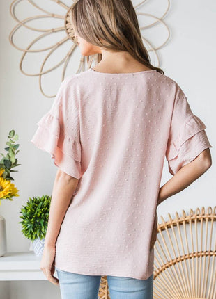 Heimish Full Size Swiss Dot Ruffle Short Sleeve Top - MimiStylez