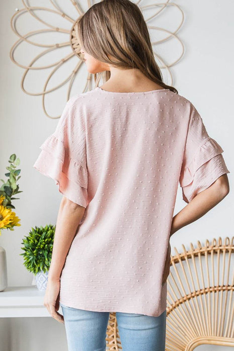 Heimish Full Size Swiss Dot Ruffle Short Sleeve Top - MimiStylez