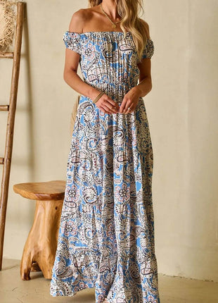 Boho Paisley Print Off Shoulder Maxi Dress - MimiStylez