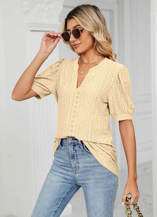 Eyelet Short Puff Sleeve Notched Neck Top - MimiStylez
