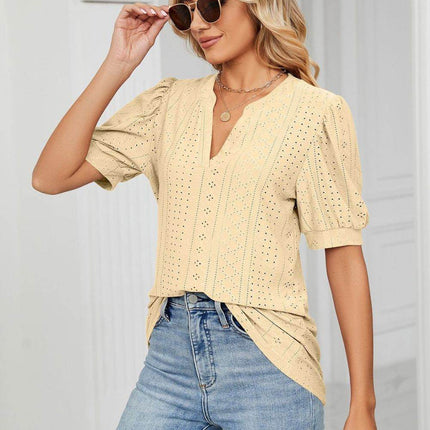 Eyelet Short Puff Sleeve Notched Neck Top - MimiStylez
