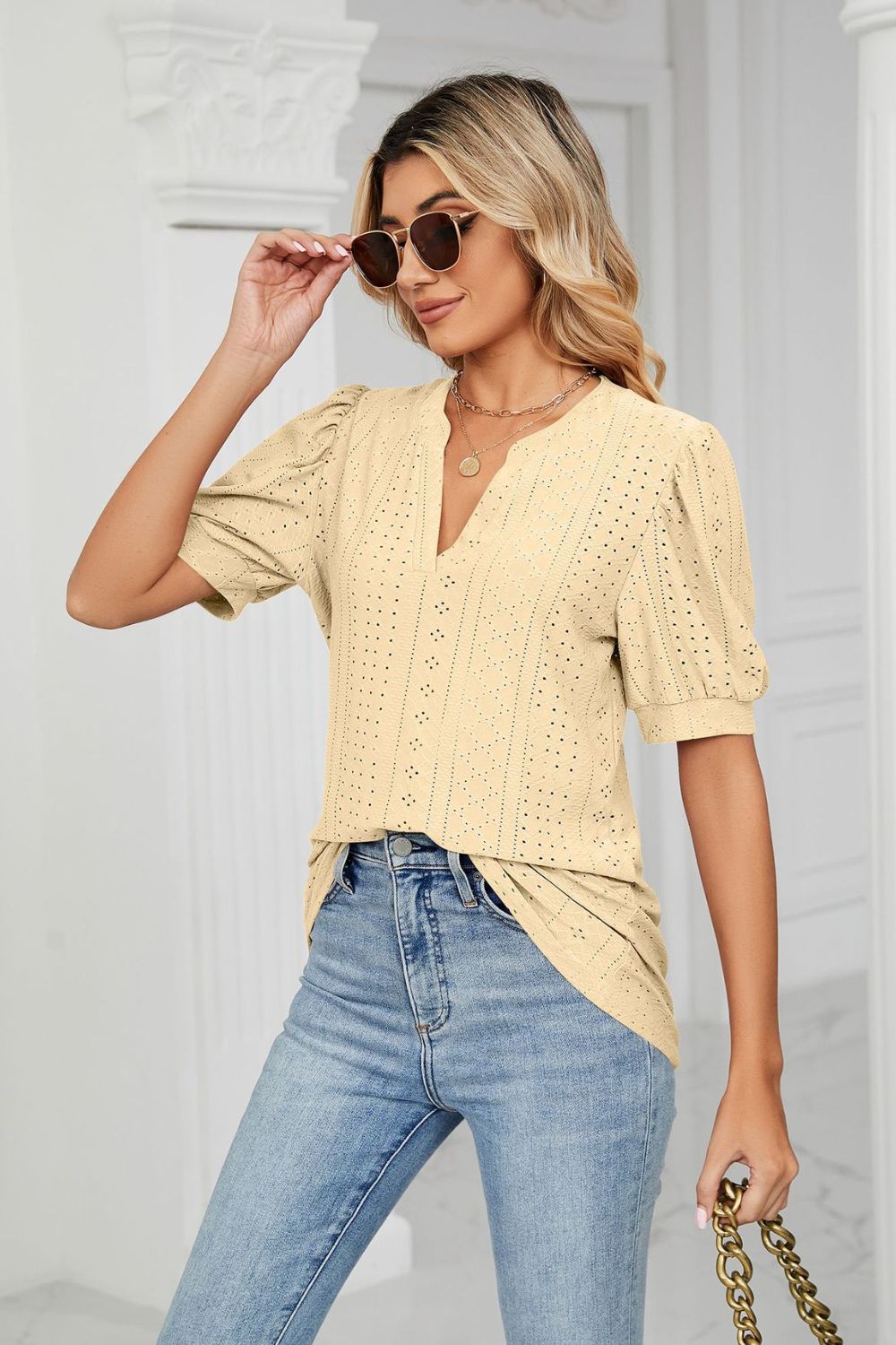 Eyelet Short Puff Sleeve Notched Neck Top