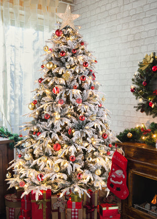 7ft Flocked Pre Lit Christmas Tree - Plush, 450 Lights, Warm Color 8 Mode, 1687 Branches