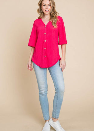 BOMBOM Texture Decorative Button V-Neck Top - MimiStylez