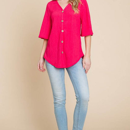 BOMBOM Texture Decorative Button V-Neck Top - MimiStylez