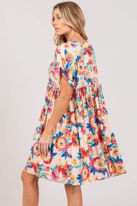 SAGE + FIG Full Size Floral Button-Down Short Sleeve Dress - MimiStylez