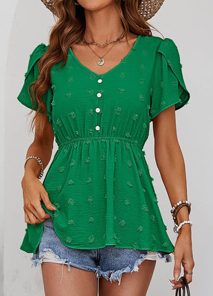 Swiss Dot Buttoned Petal Sleeve Peplum Blouse - MimiStylez