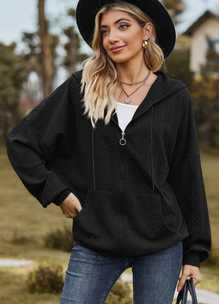 Drawstring Zip Up Dropped Shoulder Hoodie - MimiStylez