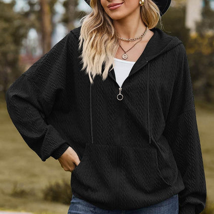 Drawstring Zip Up Dropped Shoulder Hoodie - MimiStylez
