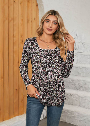 Printed Square Neck Long Sleeve Blouse - MimiStylez