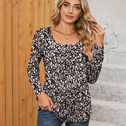 Printed Square Neck Long Sleeve Blouse - MimiStylez