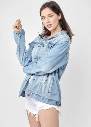 RISEN Full Size Distressed Long Sleeve Denim Jacket - MimiStylez