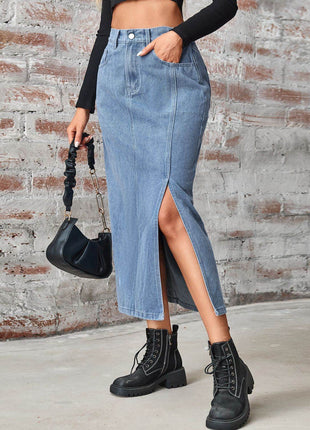 Slit High Waist Denim Skirt with Pockets - MimiStylez