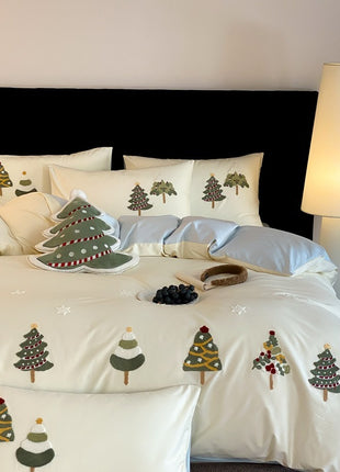 Christmas Tree Embroidery Cotton Four-piece Duvet Set