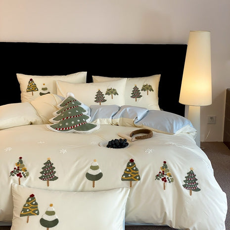 Christmas Tree Embroidery Cotton Four-piece Duvet Set