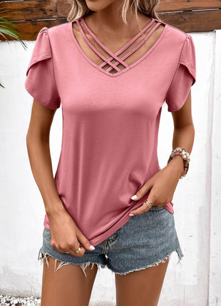 Strappy V-Neck Petal Sleeve Top - MimiStylez
