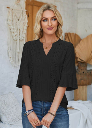 Eyelet Notched Half Sleeve T-Shirt - MimiStylez