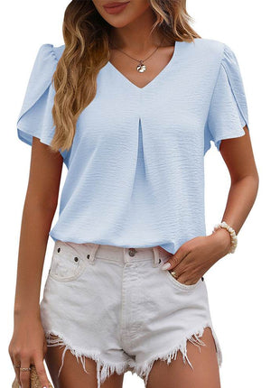Women's Casual V-neck Chiffon Shirt Puffed Sleeve - MimiStylez