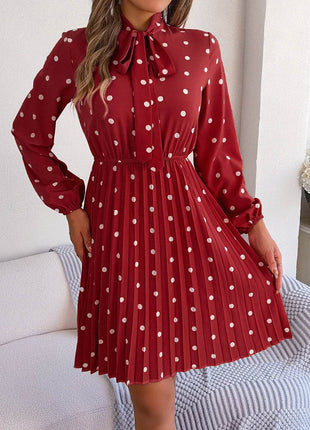 Polka Dot Tie Neck Pleated Dress - MimiStylez