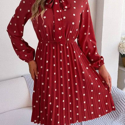 Polka Dot Tie Neck Pleated Dress - MimiStylez