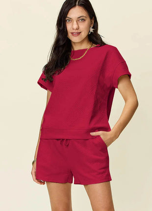 Double Take Full Size Texture Short Sleeve T-Shirt and Drawstring Shorts Set - MimiStylez