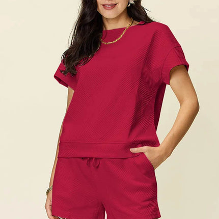 Double Take Full Size Texture Short Sleeve T-Shirt and Drawstring Shorts Set - MimiStylez