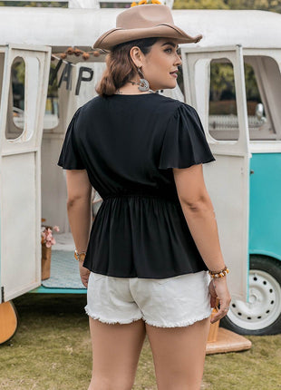 Plus Size V-Neck Flutter Sleeve Blouse - MimiStylez