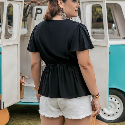 Plus Size V-Neck Flutter Sleeve Blouse - MimiStylez