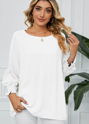 Smocked Lantern Sleeve Round Neck Blouse - MimiStylez