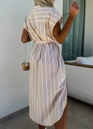 Striped Tie Waist Short Sleeve Dress - MimiStylez