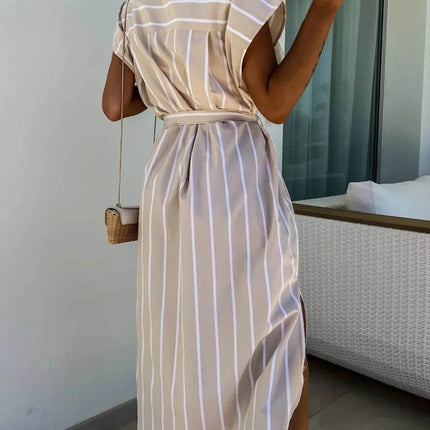 Striped Tie Waist Short Sleeve Dress - MimiStylez