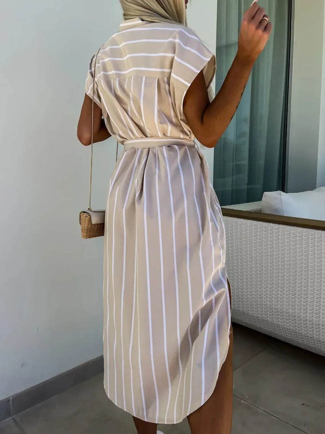 Striped Tie Waist Short Sleeve Dress - MimiStylez