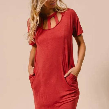 BiBi Front Cutout Mini Tee Dress with Pockets - MimiStylez