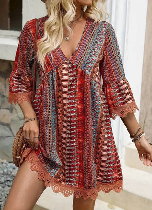 Lace Trim Printed V-Neck 3/4 Sleeve Dress - MimiStylez