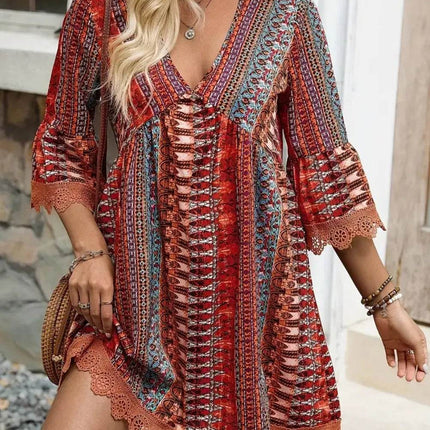 Lace Trim Printed V-Neck 3/4 Sleeve Dress - MimiStylez