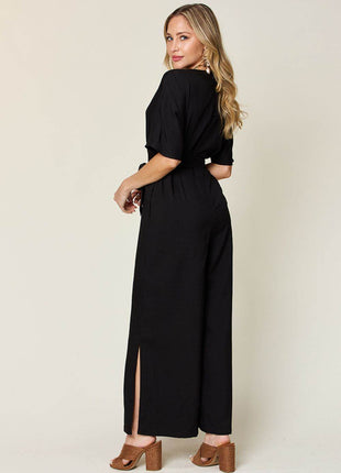 Double Take Full Size V-Neck Tie Front Short Sleeve Slit Jumpsuit - MimiStylez