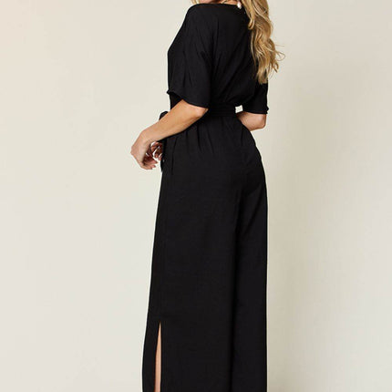 Double Take Full Size V-Neck Tie Front Short Sleeve Slit Jumpsuit - MimiStylez