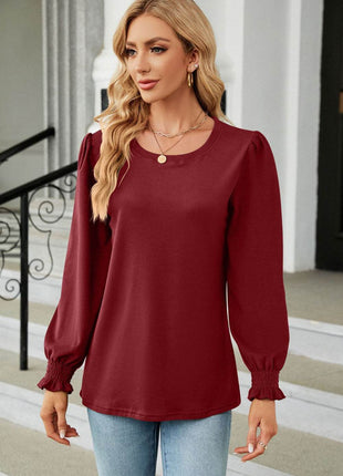 Round Neck Smocked Flounce Sleeve Blouse - MimiStylez