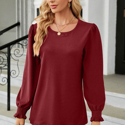 Round Neck Smocked Flounce Sleeve Blouse - MimiStylez