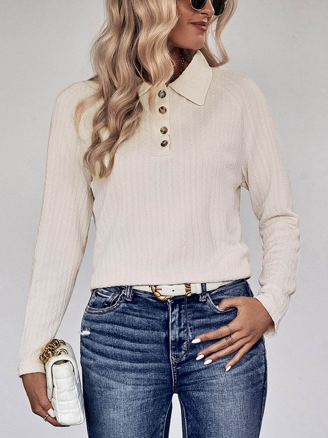 Collared Neck Buttoned Long Sleeve Top - MimiStylez