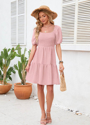 Swiss Dot Smocked Square Neck Dress - MimiStylez