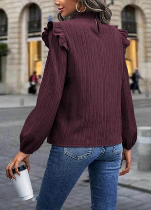 Mock Neck Ruffle Shoulder Blouse - MimiStylez