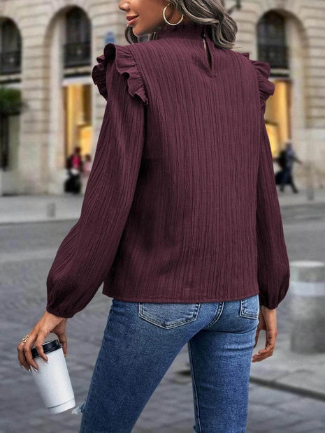 Mock Neck Ruffle Shoulder Blouse - MimiStylez
