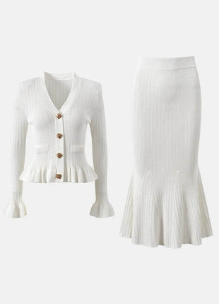 Ruffled V-Neck Top and Midi Skirt Sweater Set - MimiStylez