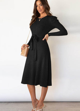 Round Neck Long Sleeve Tie Waist Sweater Dress - MimiStylez