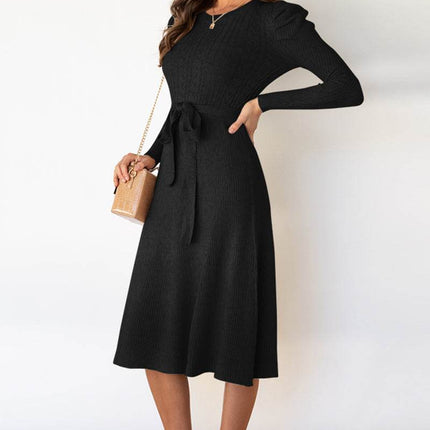 Round Neck Long Sleeve Tie Waist Sweater Dress - MimiStylez
